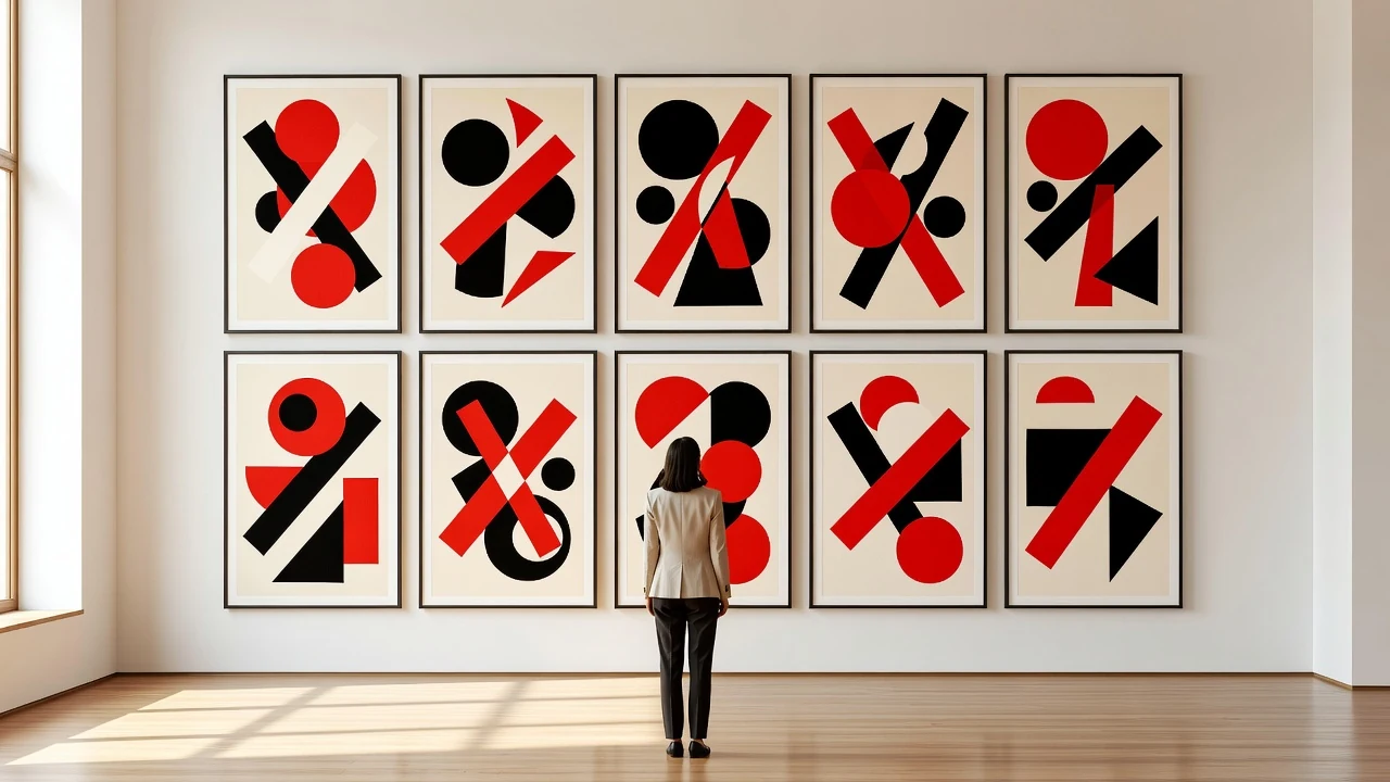Visiteuse de dos contemplant de grandes affiches d'art aux compositions géométriques abstraites rouges, noires et crème accrochées dans une galerie lumineuse