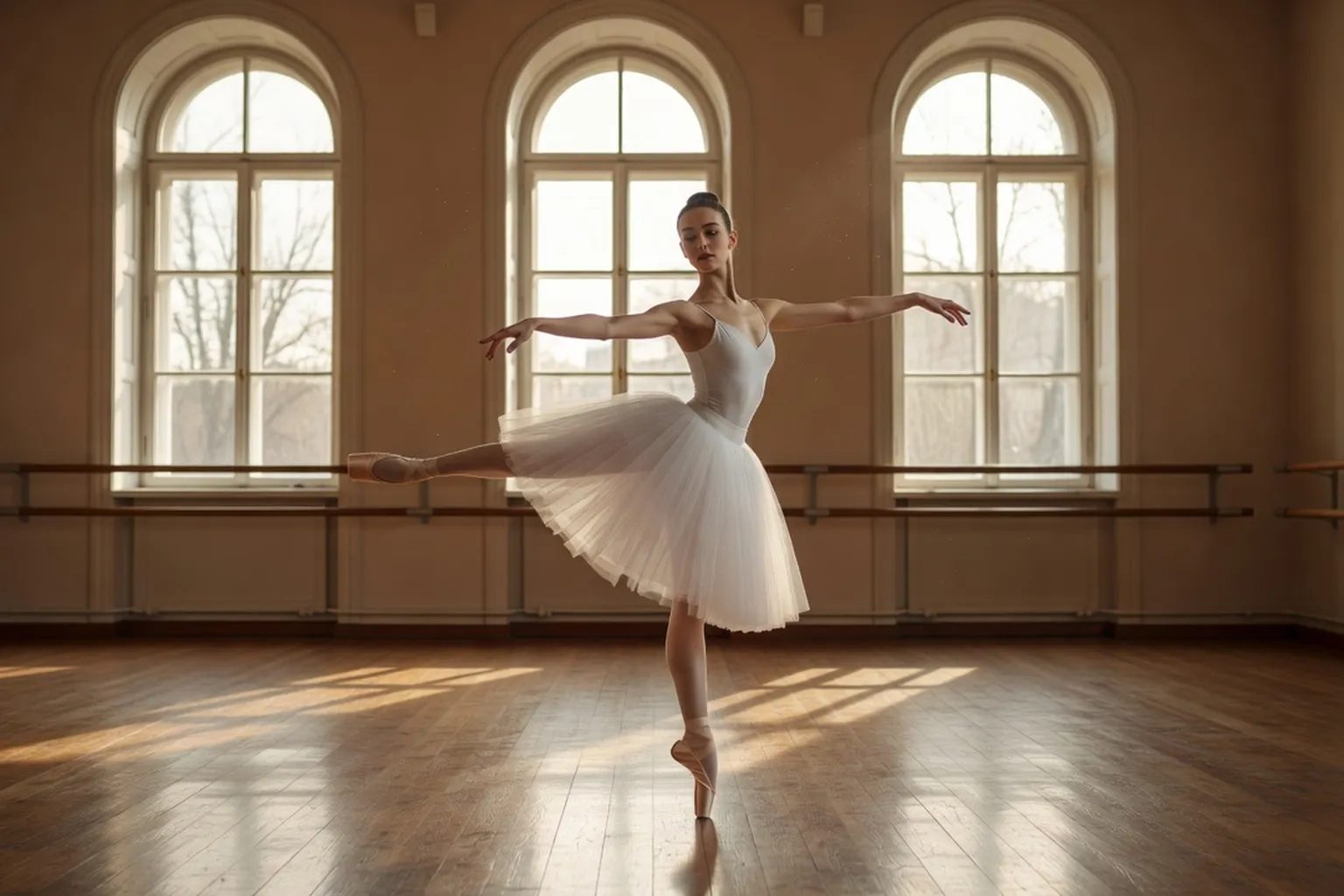 Danseuse classique russe en tutu blanc en position arabesque dans un studio lumineux, plancher en bois, lumière naturelle