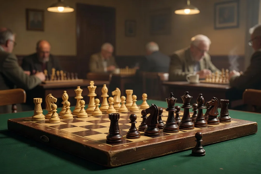 Echiquier en bois avec pieces en cours de partie, ambiance de club d'echecs feutree